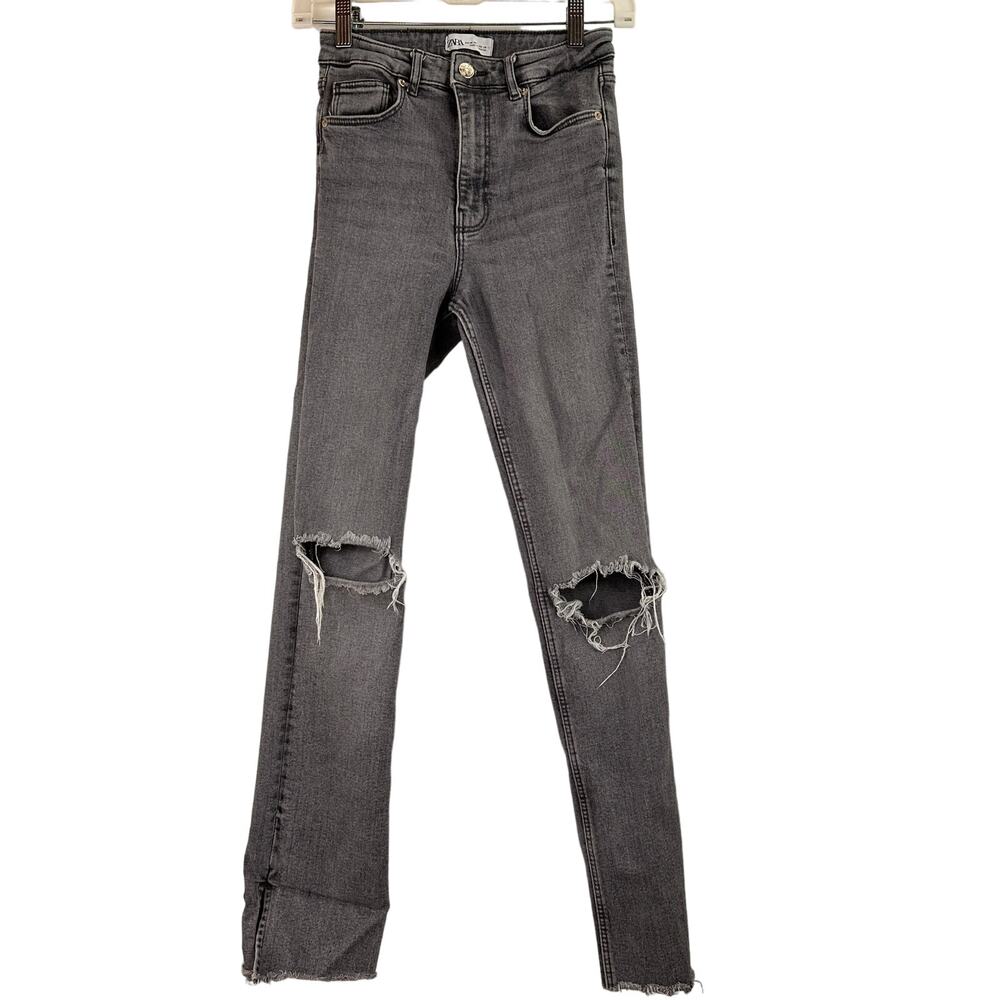 Zara Women's Grey Straight Leg Distressed High Rise Jeans Size 4